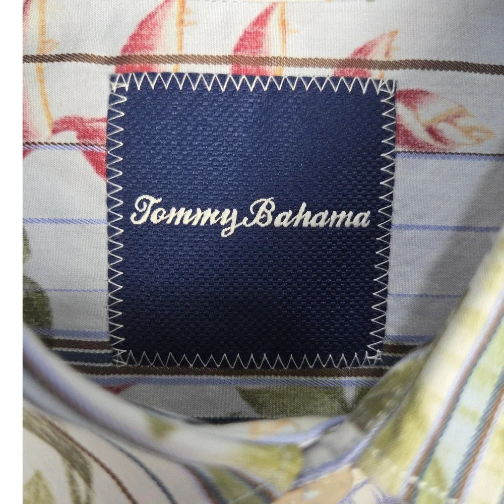 Tommy Bahama Mens Button Up Shirt Floral Blue Green Stripe Long Sleeve‎ Medium